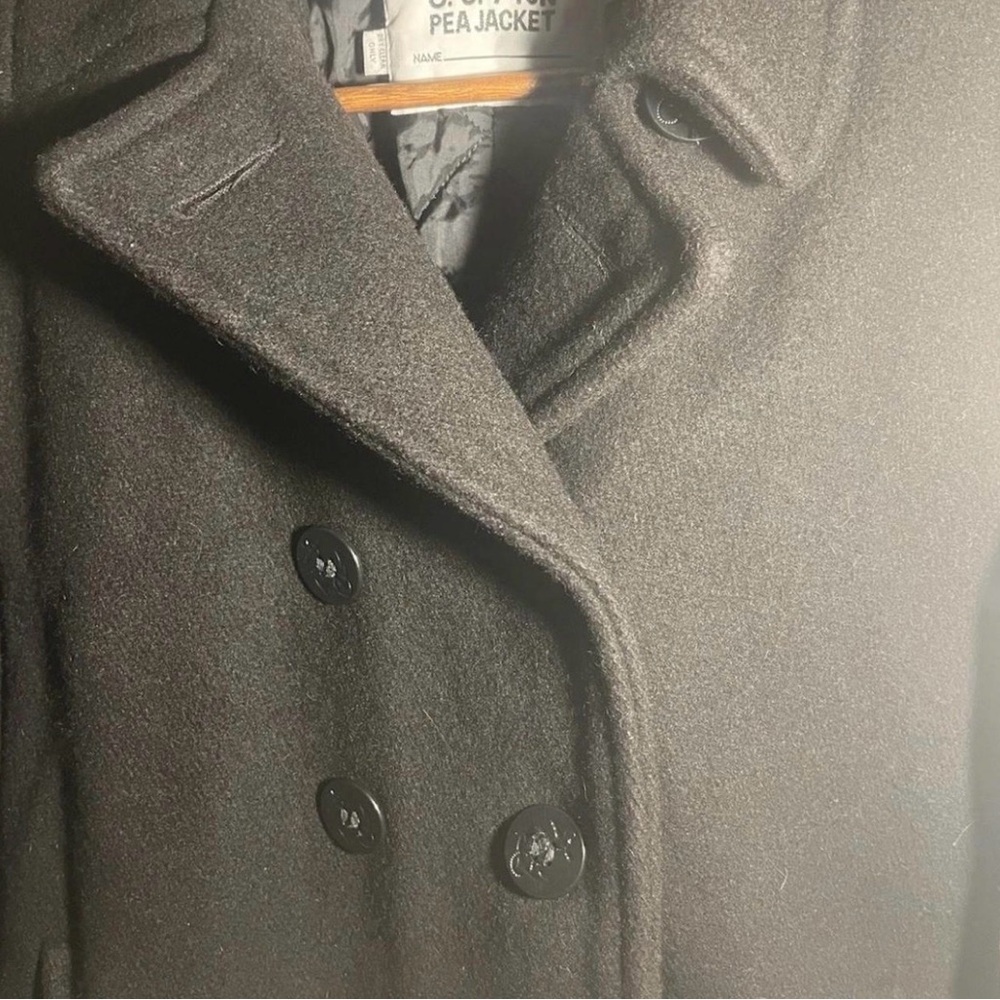 Schott Black Wool Pea Jacket Women’s Sz 14  preppy double breasted super warm!